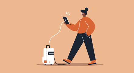 Illustration of a person staying connected and productive on the go, charging their tablet with a portable power station for remote work or travel.