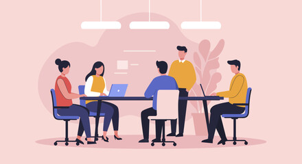 Professional business team collaborating in a modern office, discussing project strategy and working efficiently. Ideal for corporate, startup, and teamwork concepts.