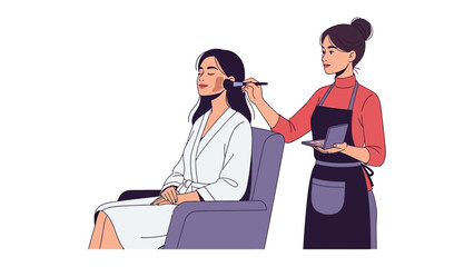 Professional makeup artist applying cosmetics to a seated woman in a salon setting