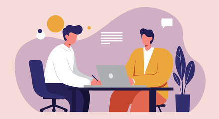 Two men collaborating in a modern office meeting, discussing business or an agreement. Ideal for concepts of teamwork, consultation, and professional services.