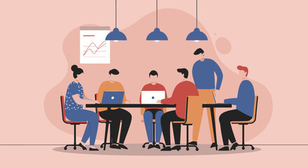 Diverse team of professionals collaborating in a modern office meeting, discussing strategy and analyzing data for business growth and innovation.