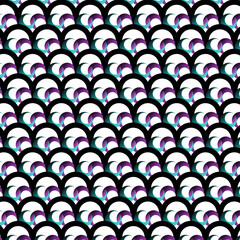 Abstract repeating pattern of stylized, curved shapes in teal, purple, and black on a white background.