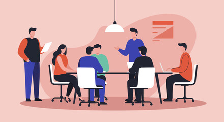 Diverse business team collaborating in a modern office meeting, discussing strategy and project development. Perfect for corporate communication, teamwork, and professional success concepts.