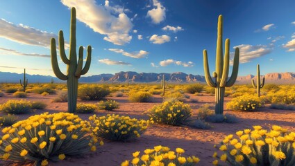 Desert landscape with large cacti, yellow wildflowers, mountains in the distance, and a bright blue sky with scattered clouds.