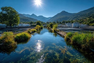 Obraz premium Tranquil river flows past industrial tanks with mountain backdrop under bright sun