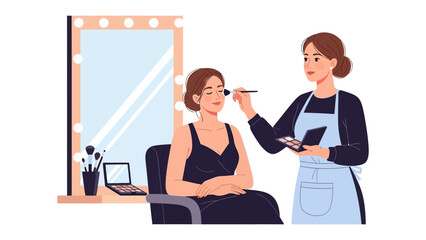 Professional makeup artist applying cosmetics to a client in a well lit dressing room with a large mirror