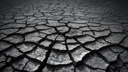 Dry cracked earth with fissures, drought-affected landscape. Parched ground and cracked soil pattern during drought. Environmental damage and climate impact.