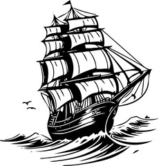 Classic tall ship navigating turbulent ocean waves, a monochrome vector illustration symbolizing adventure and historical maritime exploration