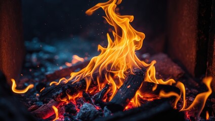 Fires burning on wood logs with bright flames and glowing embers. Burning logs and flames, heat and fire. The concept of warmth, energy, and fire safety.