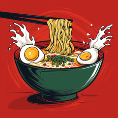 Ramen Illustration JPG, Noodles with Eggs and Splash Effect on Red Background Cartoon Artwork