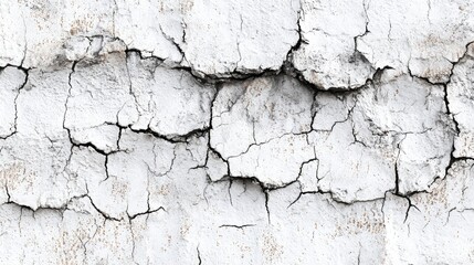 Close-up of a weathered white wall with deep cracks and peeling paint reveals texture and age. Grunge-like appearance, rough and aged surface