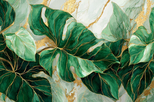 Lush green leaves with gold accents on a marble background a botanical art print