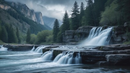 A river flowing over rocks in a forested mountainous area with waterfalls and lush greenery. Nature and landscape scene. The concept of wilderness and natural water features.