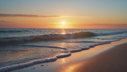 Fototapeta premium Sunset or sunrise over the ocean with waves gently crashing on the shore. Beautiful beach scene at dusk or dawn.