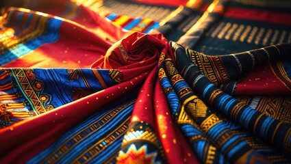 Colorful traditional fabric with intricate patterns and vivid hues.