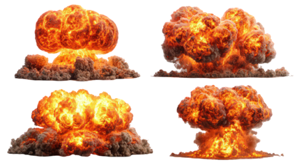 Fiery Orange Explosions with Smoke and Debris on Transparent Background