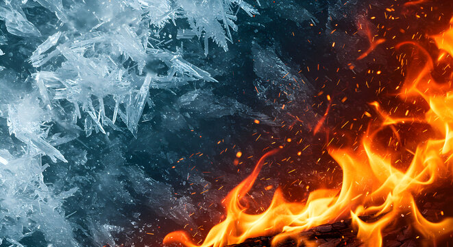 Dramatic contrast of vibrant fire and icy crystals creates a visually stunning abstract background