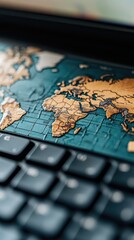 Naklejka premium Detailed World Map on Laptop Keyboard, Travel, Technology, Global Connection.