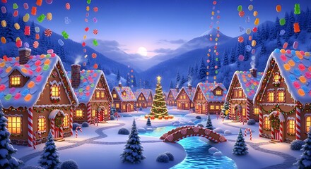 Magical Christmas village in twilight, colorful candy rain falling over rooftops.