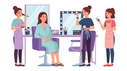 Professional makeup artists meticulously applying cosmetics to a client in a well lit beauty salon setting