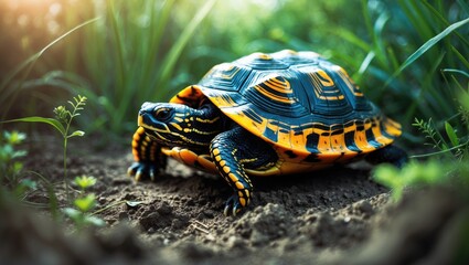 Colorful turtle on soil with green plants, natural habitat. Wildlife and nature, concept. Reptiles and conservation, ecosystem. The concept of biodiversity and animal preservation