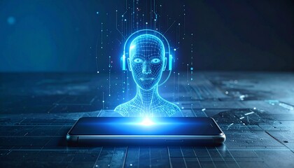 Futuristic Communication: A Holographic AI Interface on a Smartphone, Immersive Digital Experience: Wireframe Woman with Headphones Emerging from a Phone Screen