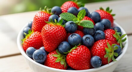 Obraz premium Vibrant fresh strawberries and blueberries overflow from a bright white bowl on a wooden surface, perfect for healthy eating inspiration.