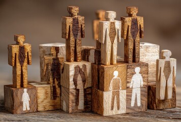 Wooden figurines stand on carved cubes with white silhouette figures against a rustic wood backdrop, creating depth and geometric patterns