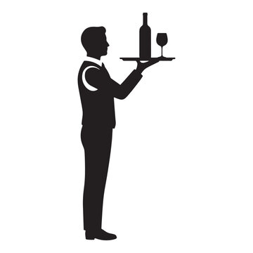 recommend clip art: Waiter holding tray with wine bottle and glass vector illustration
