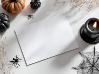 Blank white card is surrounded by Halloween themed decorations, including black and orange pumpkins, artificial spiders, lit candle, and decorative spider web, creating spooky atmosphere