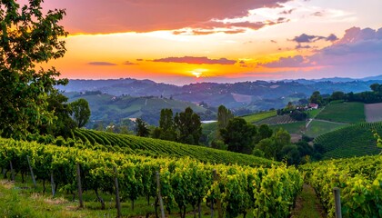 Naklejka premium Vineyard landscape at sunset (1)