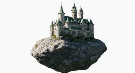 a magical castle stands on a massive floating rock that looks dug from the ground with a pure white background