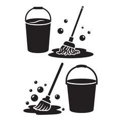 Mop bucket cleaning service icons set silhouette vector illustration