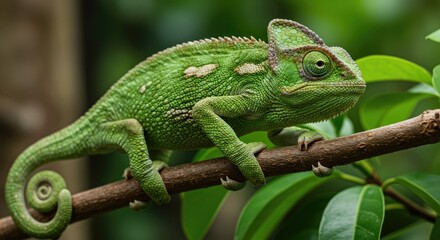 Obraz premium a chameleon with vibrant colors is resting calmly on a natural tree branch in the wild