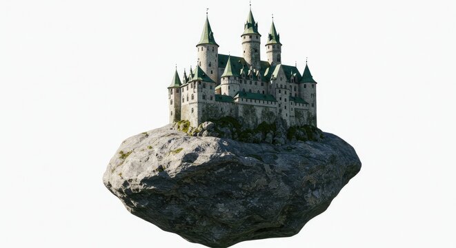 a magical castle stands on a massive floating rock that looks dug from the ground with a pure white background - Powered by Adobe