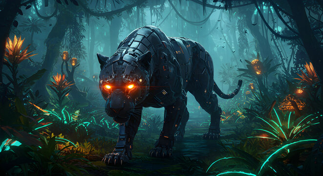 Futuristic panther prowls through a vibrant jungle landscape with glowing flora and mysterious atmosphere
