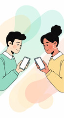 Illustration of a young couple finding a match and connecting through a mobile application on their smartphones, representing modern digital relationships