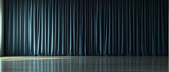 Elegant Teal Velvet Curtain on a Polished Stage with Dramatic Light Reflections