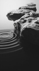 A series of jagged rocks emerge from still water, rippling outward. Monochrome, minimalist. Soft, natural light and shadow. Textures prominent