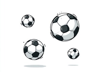 Naklejka premium Five hand-drawn soccer balls of varying sizes float against a white background, exhibiting a casual, slightly sketchy style with subtle shadowing