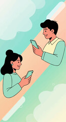 Vector illustration of a man and woman chatting on phones, symbolizing a digital connection and the modern blend of online relationships