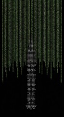 Pixelated digital tower. Cascading binary code rains down, partially forming a tower structure against a dark background