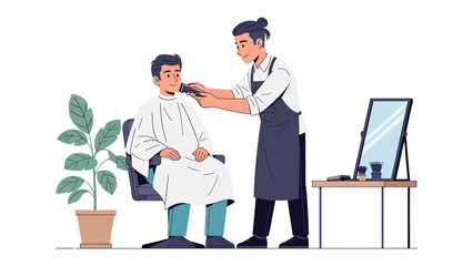 Skilled barber professionally cuts client s hair in a modern salon setting with plants and mirror