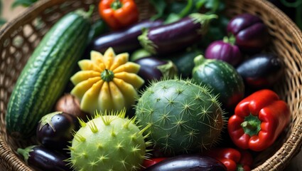 Basket of colorful vegetables and cacti, including peppers, zucchini, eggplant, and round green cacti with spines.