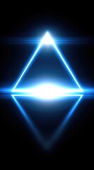 A neon blue triangular shape with a bright glow, reflecting below on a dark surface, creating a diamond-like effect with lens flares