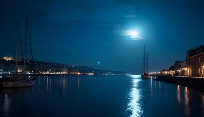 Serene Night Harbor: Sailboats at Moonlit Quay, Calm Water Reflections, City Lights