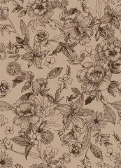 The modern blue of floral textile tropical bicolor grey and blue flower and leaves miniprint flowers geometric textile for clothes. A Seamless hand drawing pattern.