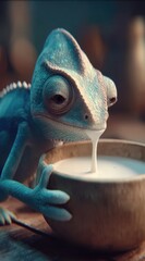 A turquoise chameleon drinks from a bowl of white liquid, with drops dribbling from its mouth against a blurred, warm-toned background