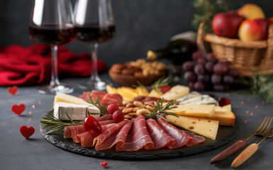 Valentine's Day Food - Appetizers. Wine Platter with Meat Delicacies, Cheeses, Nuts and Fruits