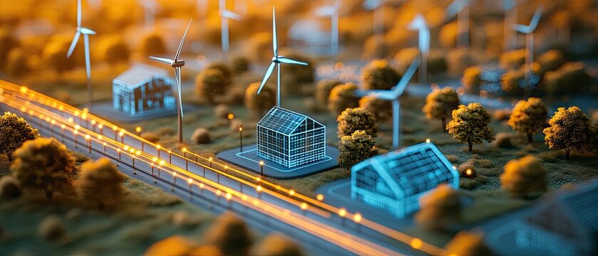 Miniature Smart Grid with Glowing Energy Lines and Holographic Houses in a Warm Sunset.
